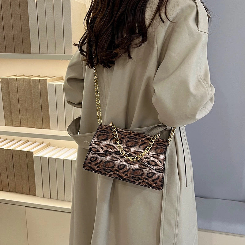 Women's Medium PU Leopard Streetwear Sewing Thread Square Zipper Shoulder Bag
