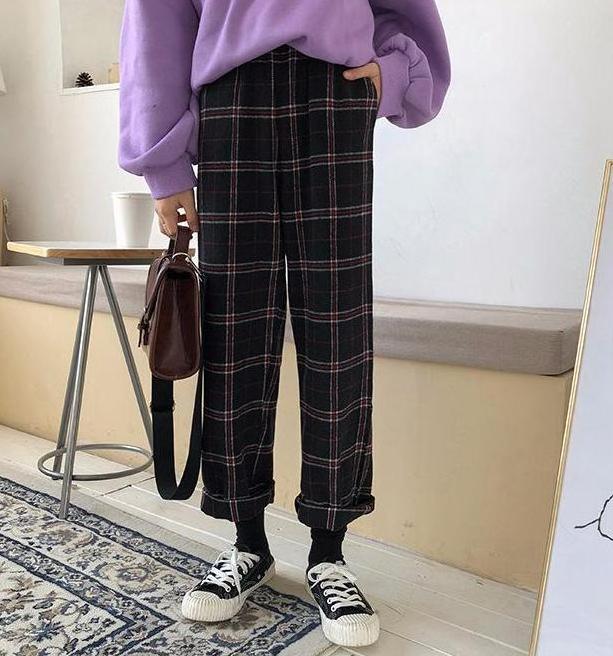 Straight Plaid Cotton Trousers
