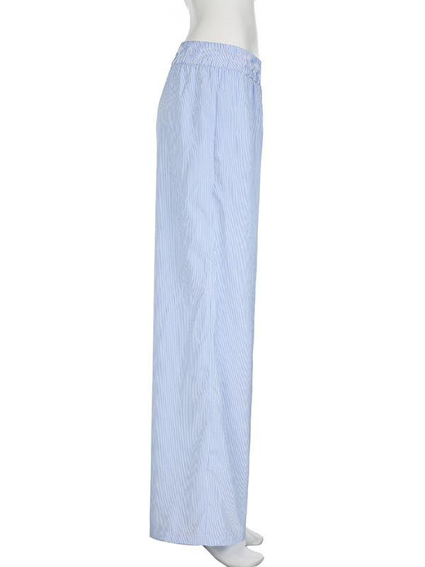 High Waisted Loose Elasticity Split-Joint Striped Pants Trousers