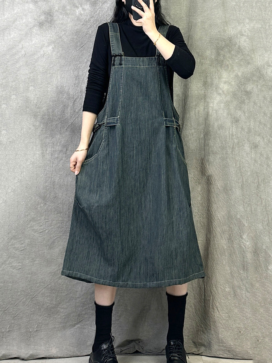 Women Spring Retro Pure Color Denim Suspender Dress