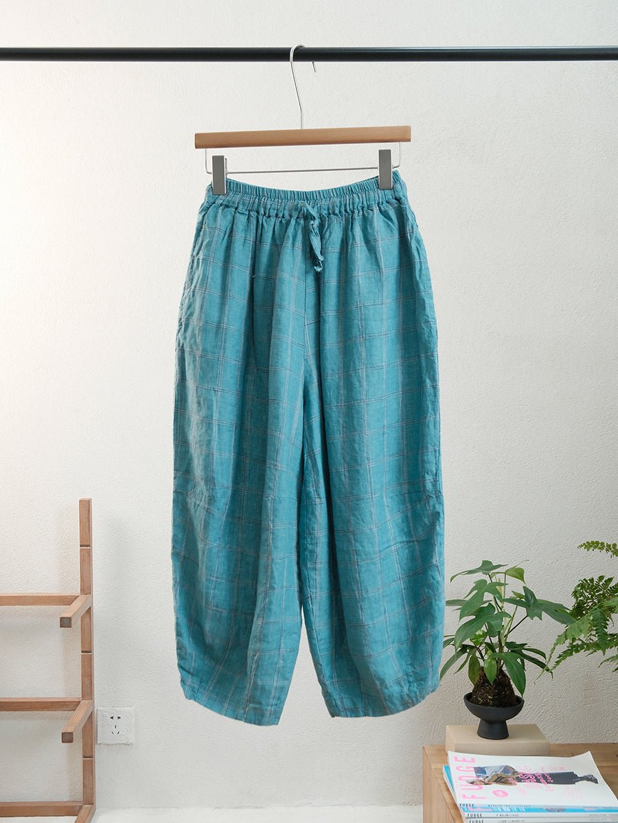 Women Summer Vintage Plaid Linen Harem Pants