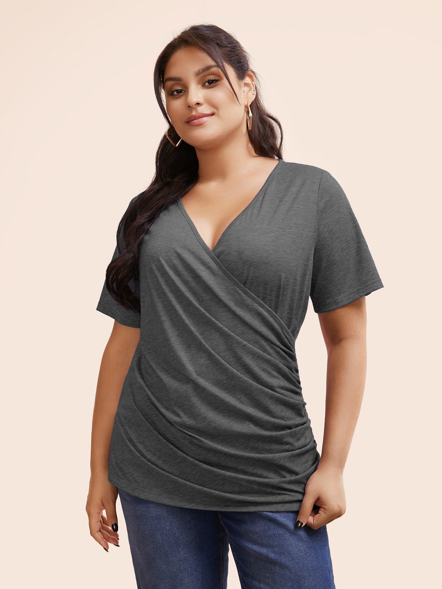 Solid Heather Overlap Collar Gathered T-shirt