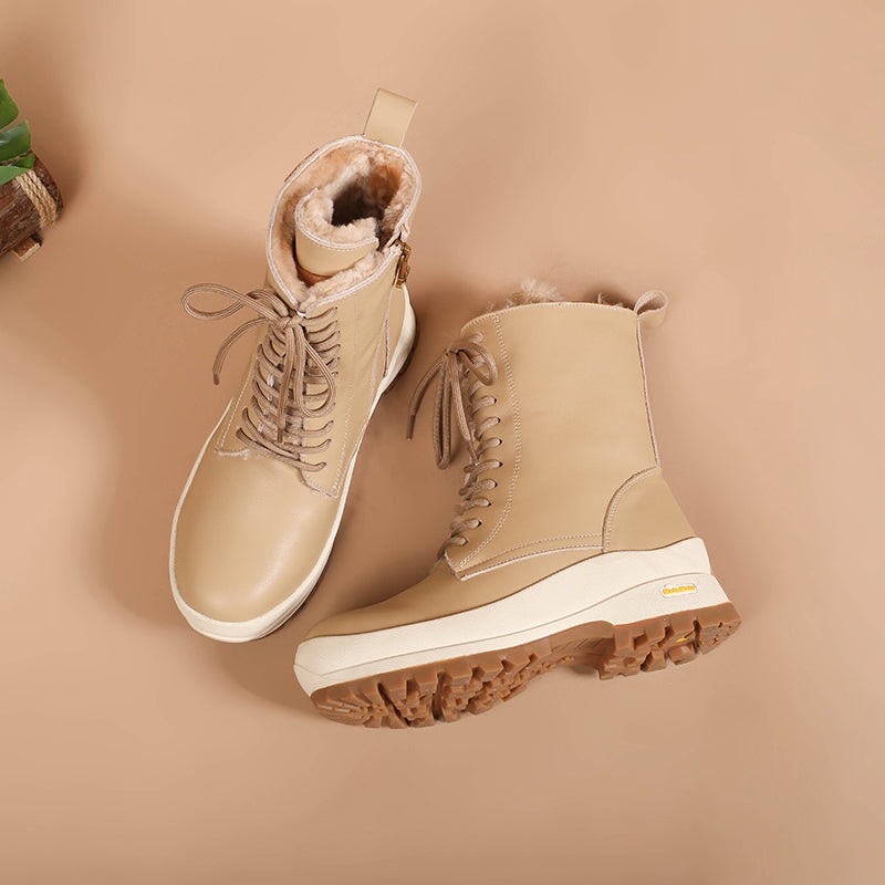 Leather Combat Boots Designer Chunky Riding Boots Have Shearling Lined in Apricot/Black/Brown/White