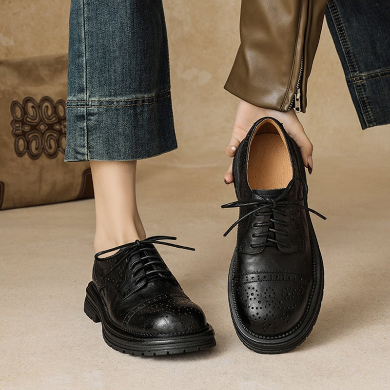 Vintage British Brogue Shoes - Round Toe Low-Heel Lace-Up Oxfords Black/Brown