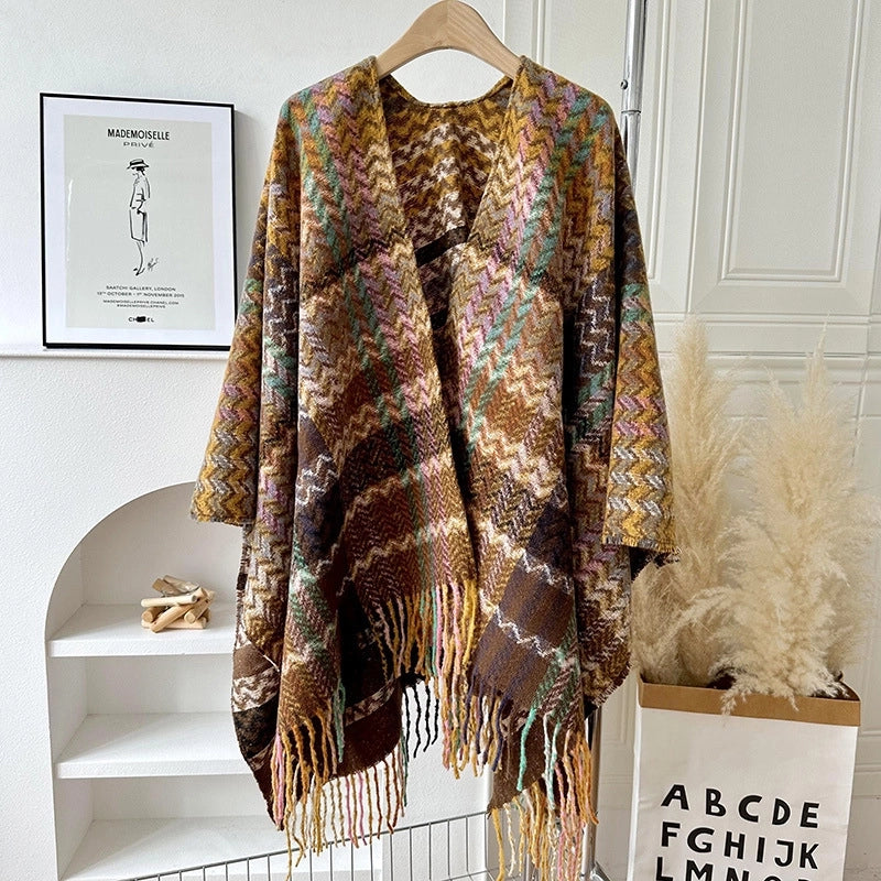 Travel Outside Knitted Shawl Ethnic Style Vintage Cape Cloak Tassel Scarf For Vacation Wear