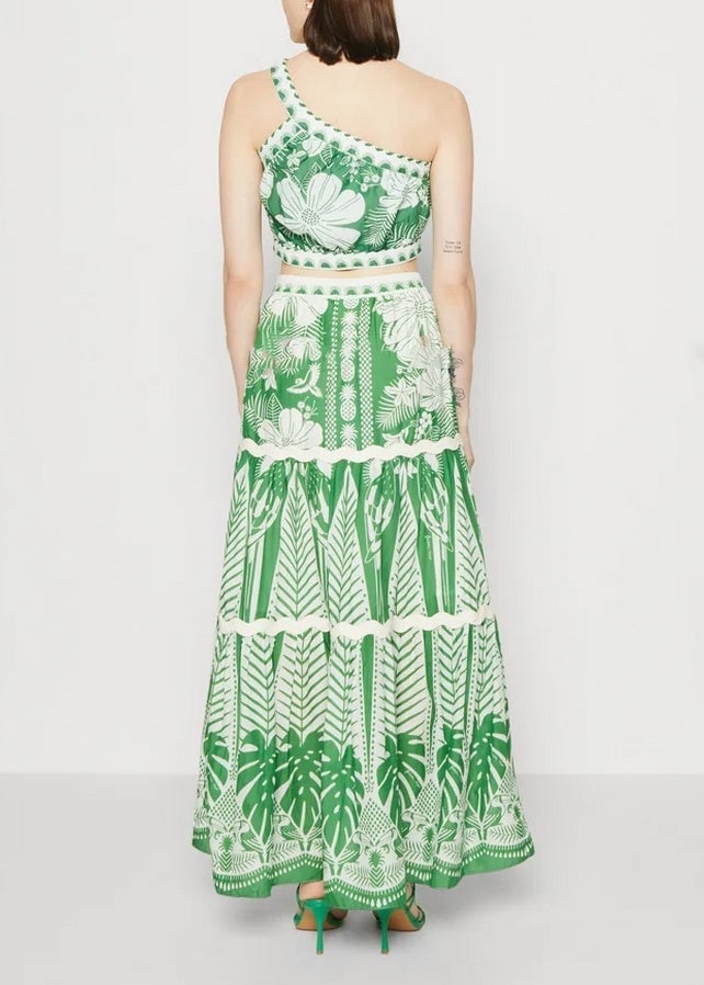 Bohemian Vacation Style One Shoulder Short Top And High Waisted Skirt Set