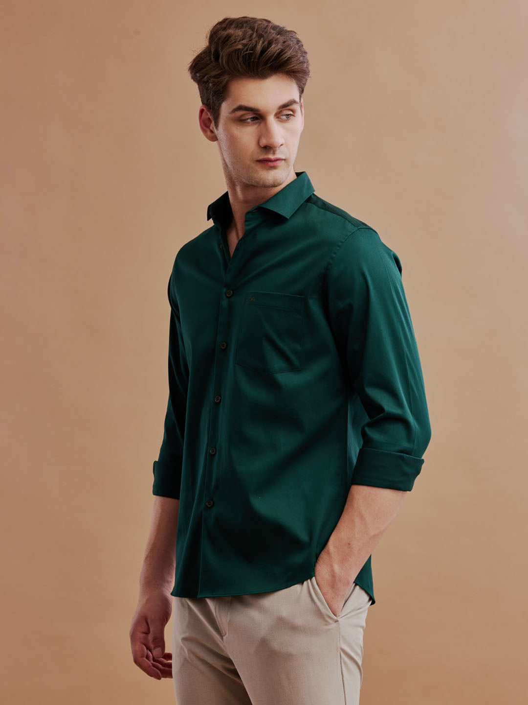 Men Satin Stretch Formal Green Shirt (SILAS)