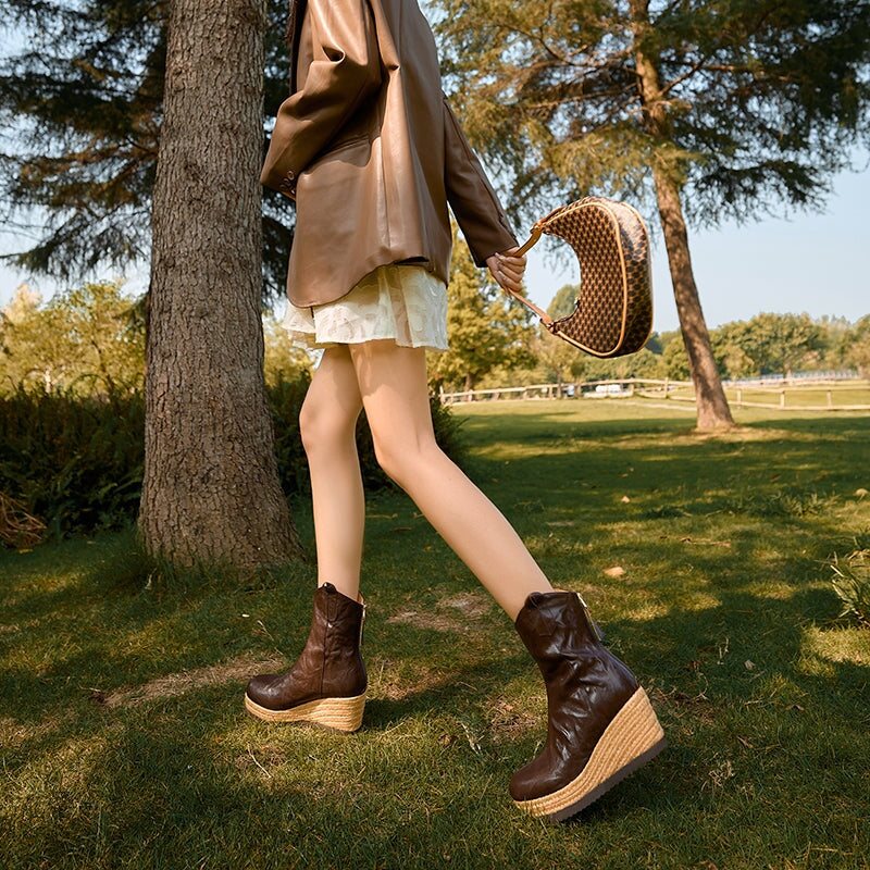 Genuine Leather Pointed Toe Chunky Heel Minimalist Design Women's Knee-High Boots