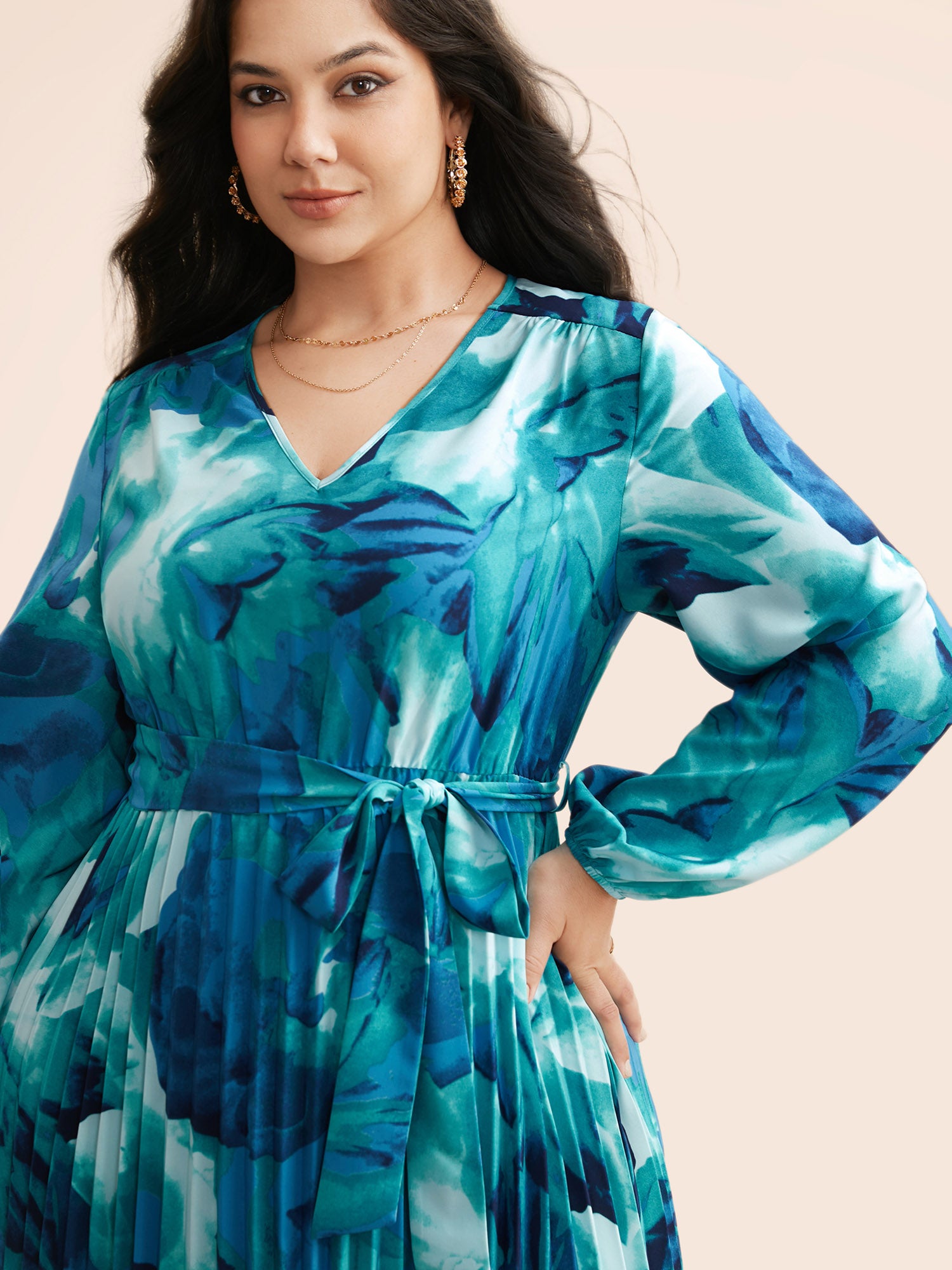 Watercolor Floral Pleated Belted Dress