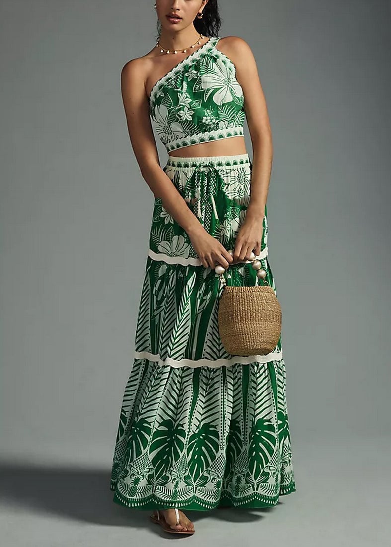 Bohemian Vacation Style One Shoulder Short Top And High Waisted Skirt Set