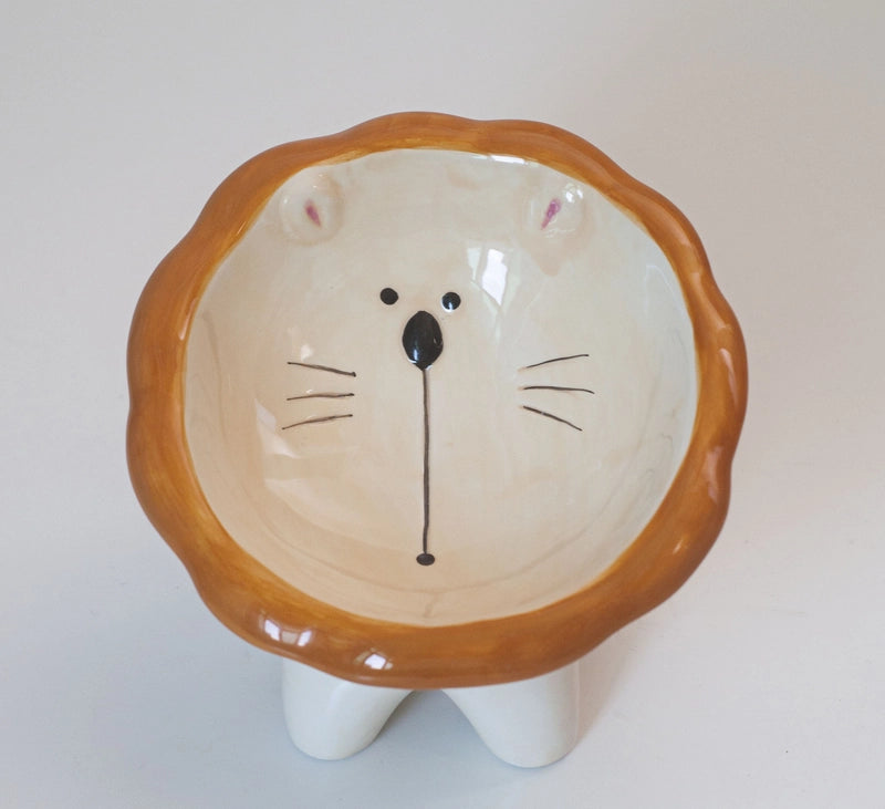 High-legged Ceramic Cat Bowl Pet Bowl Diagonal Neck Protection Brown Lion Bowl Ornaments Ceramic Storage Box Desktop Storage