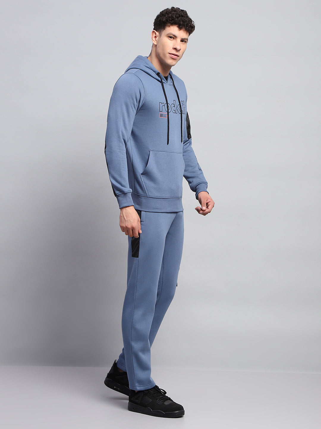 Men Blue Printed Hooded Full Sleeve Winter Tracksuit