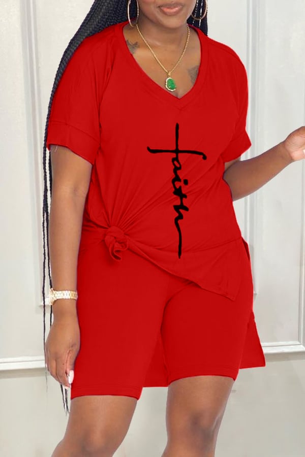 🔥Letter Print Split Side V Neck T-Shirt & Shorts Two Piece Set
