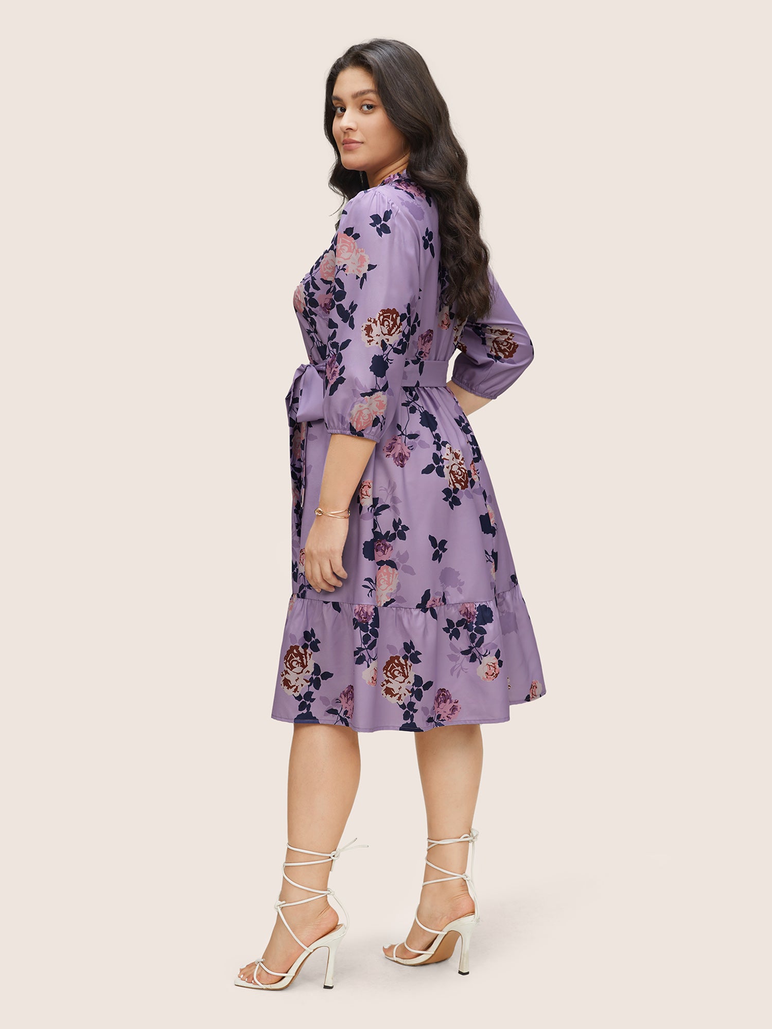 Floral Print Belted Pocket Frill Trim Dress