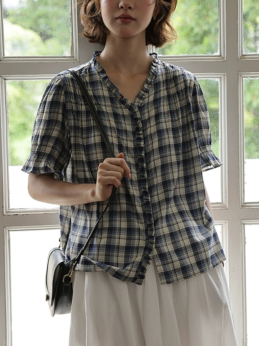 Women Summer Worn Plaid V-Neck Cotton Shirt