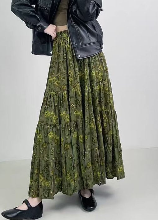 Vintage Green Print Wrinkled Elastic Waist Cotton Skirts Spring