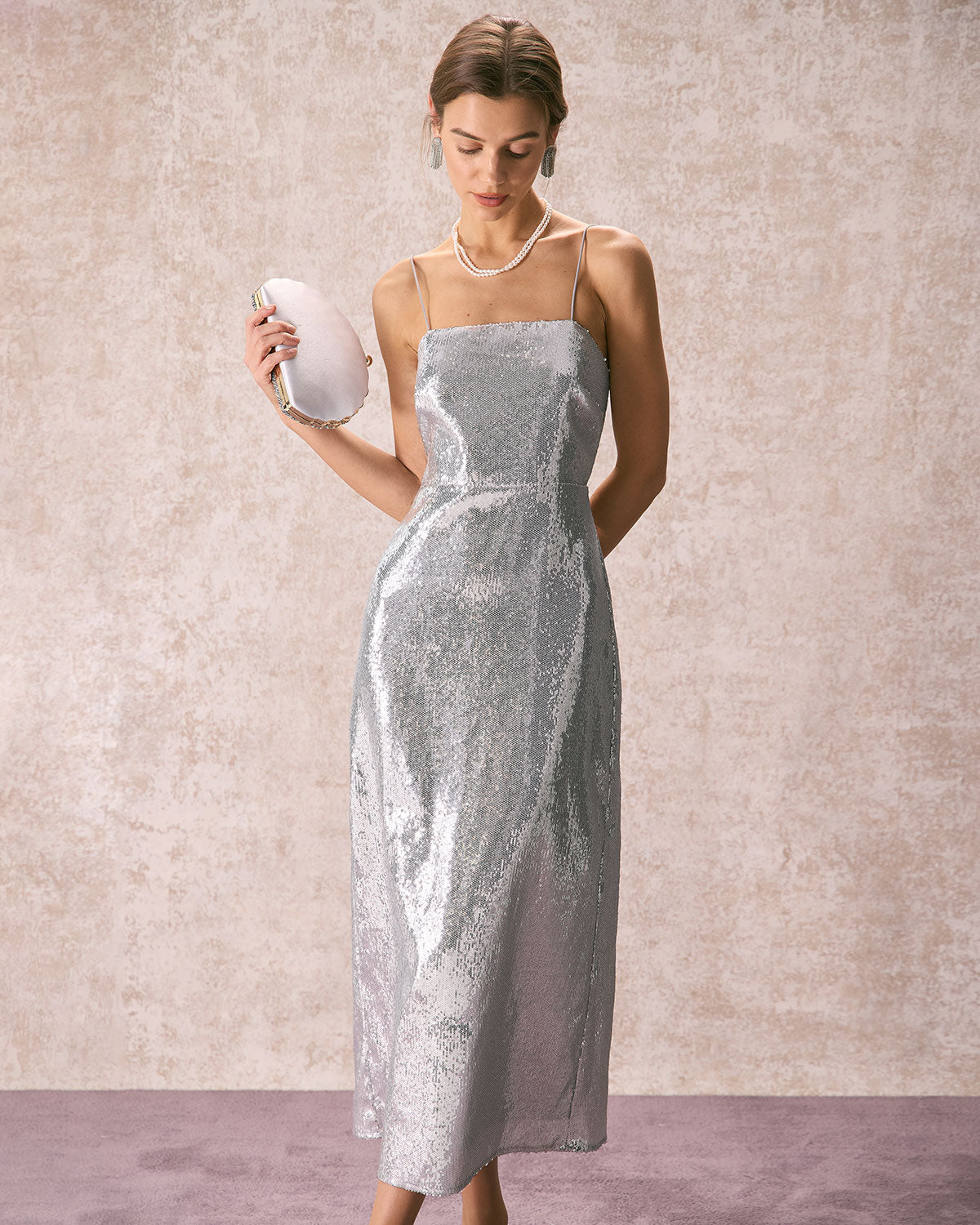 The Silver Sequin Sleeveless Strap Maxi Dress