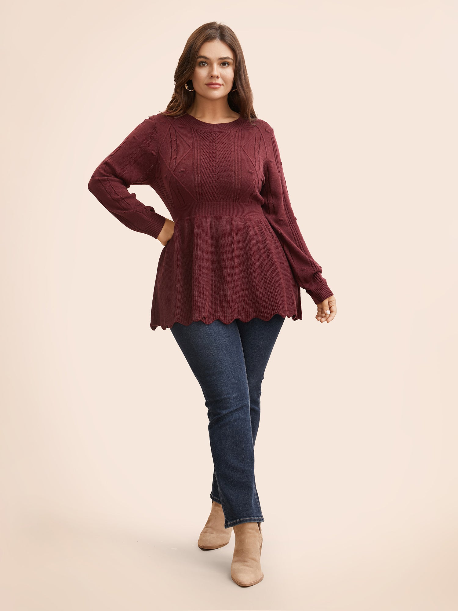 Plain Textured Scalloped Trim Pullover