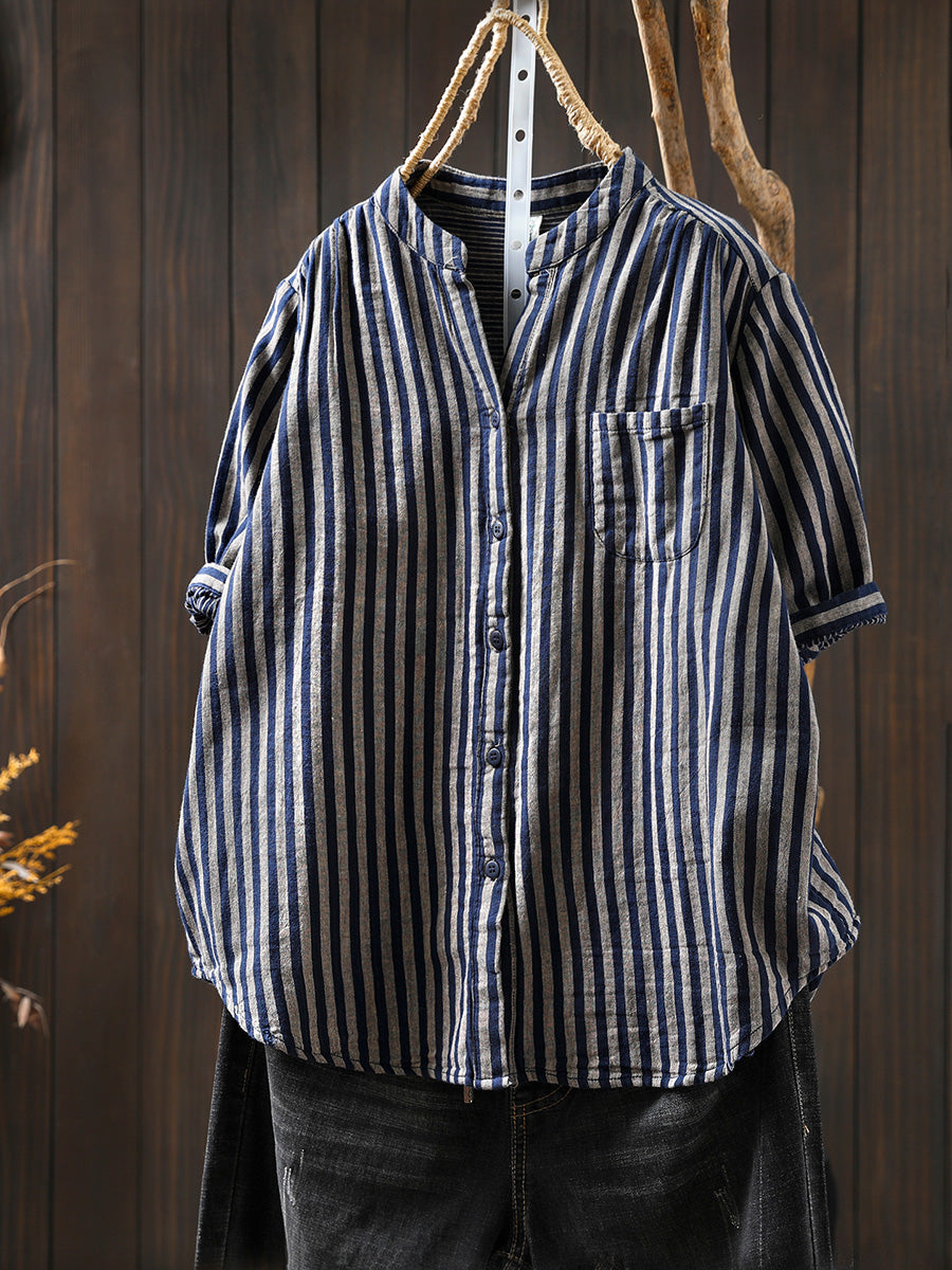 Women Summer Casual Stripe V-Neck 100%Cotton Shirt