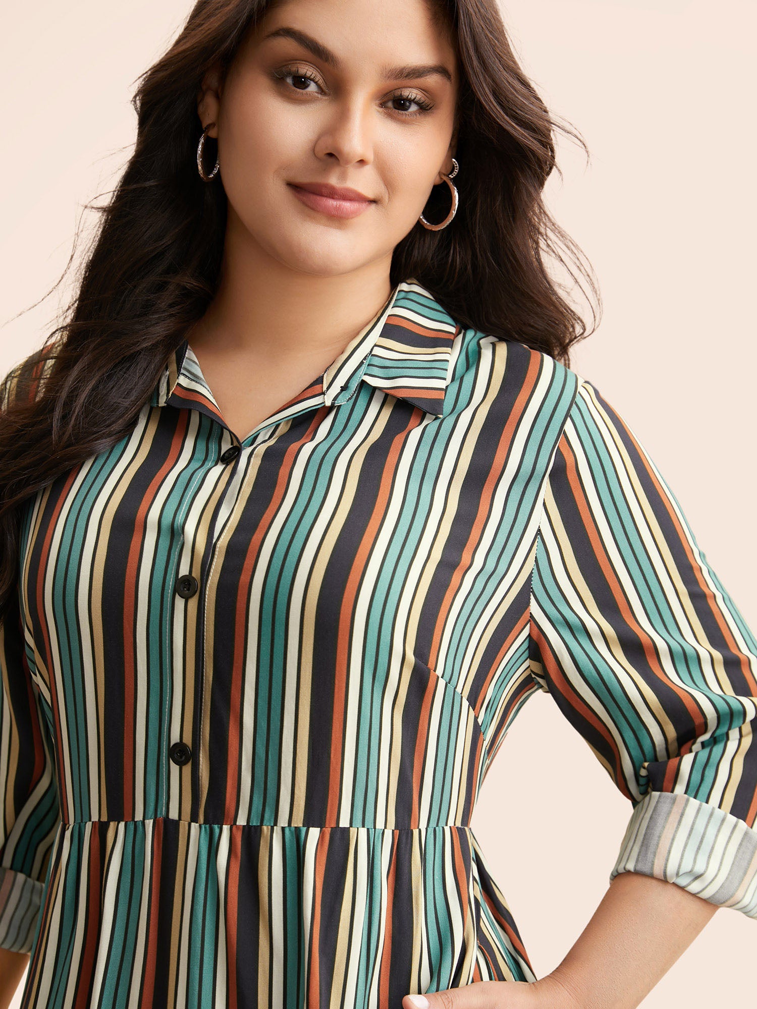 Shirt Collar Contrast Striped Midi Dress