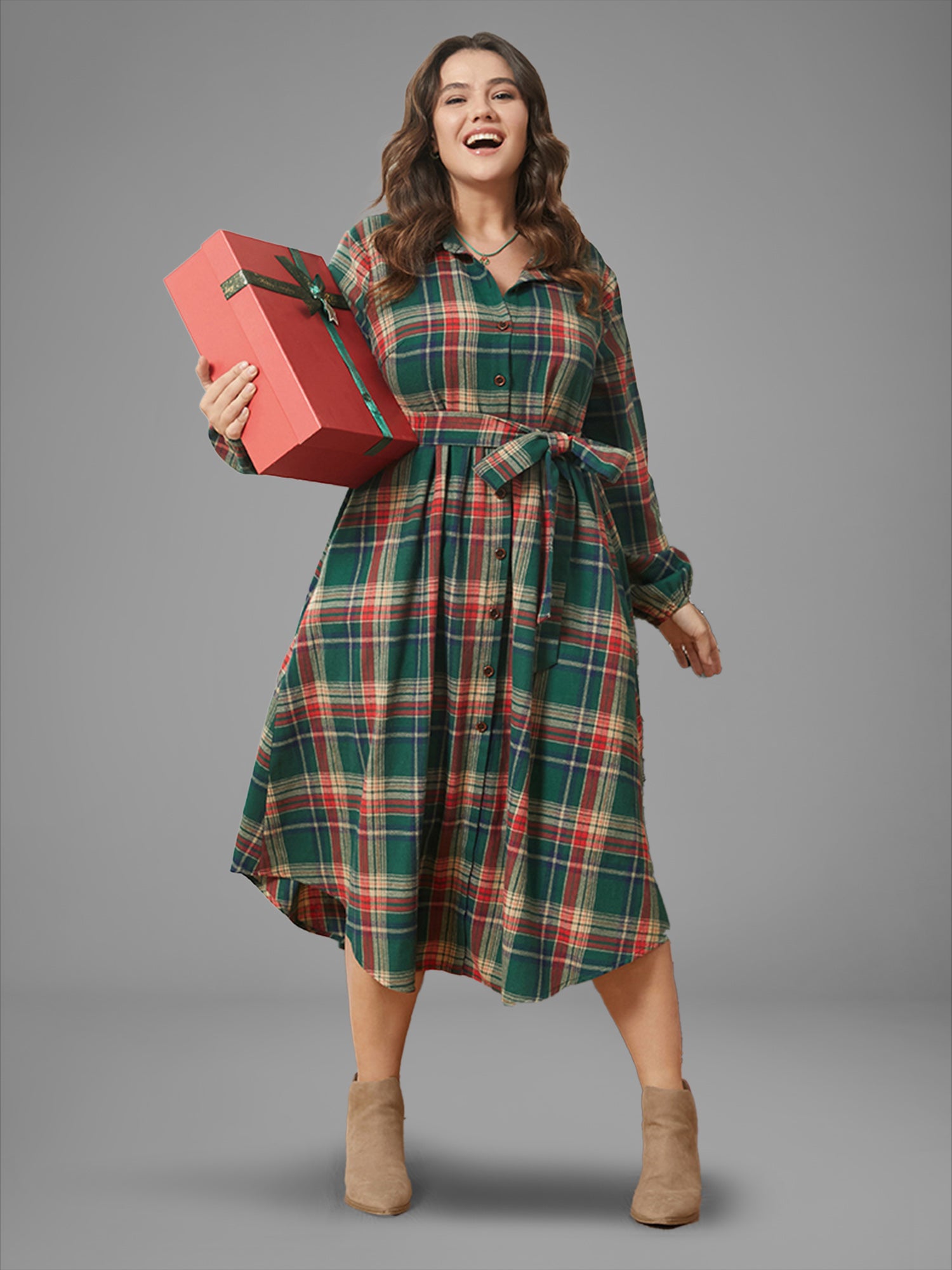 Plaid Button Detail Pocket Belted Arc Hem Dress