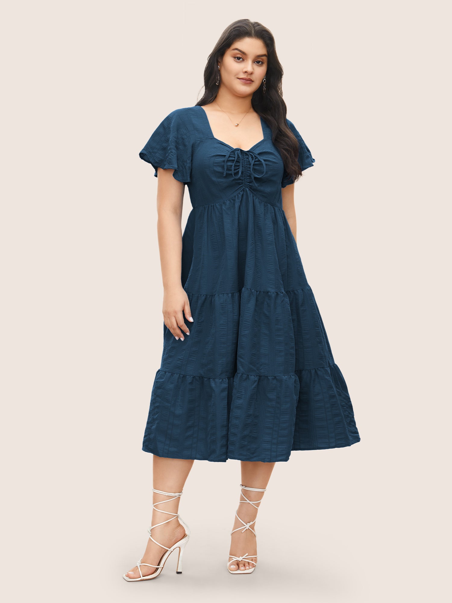 Plain Ruched Drawstring Pocket Ruffle Tiered Dress