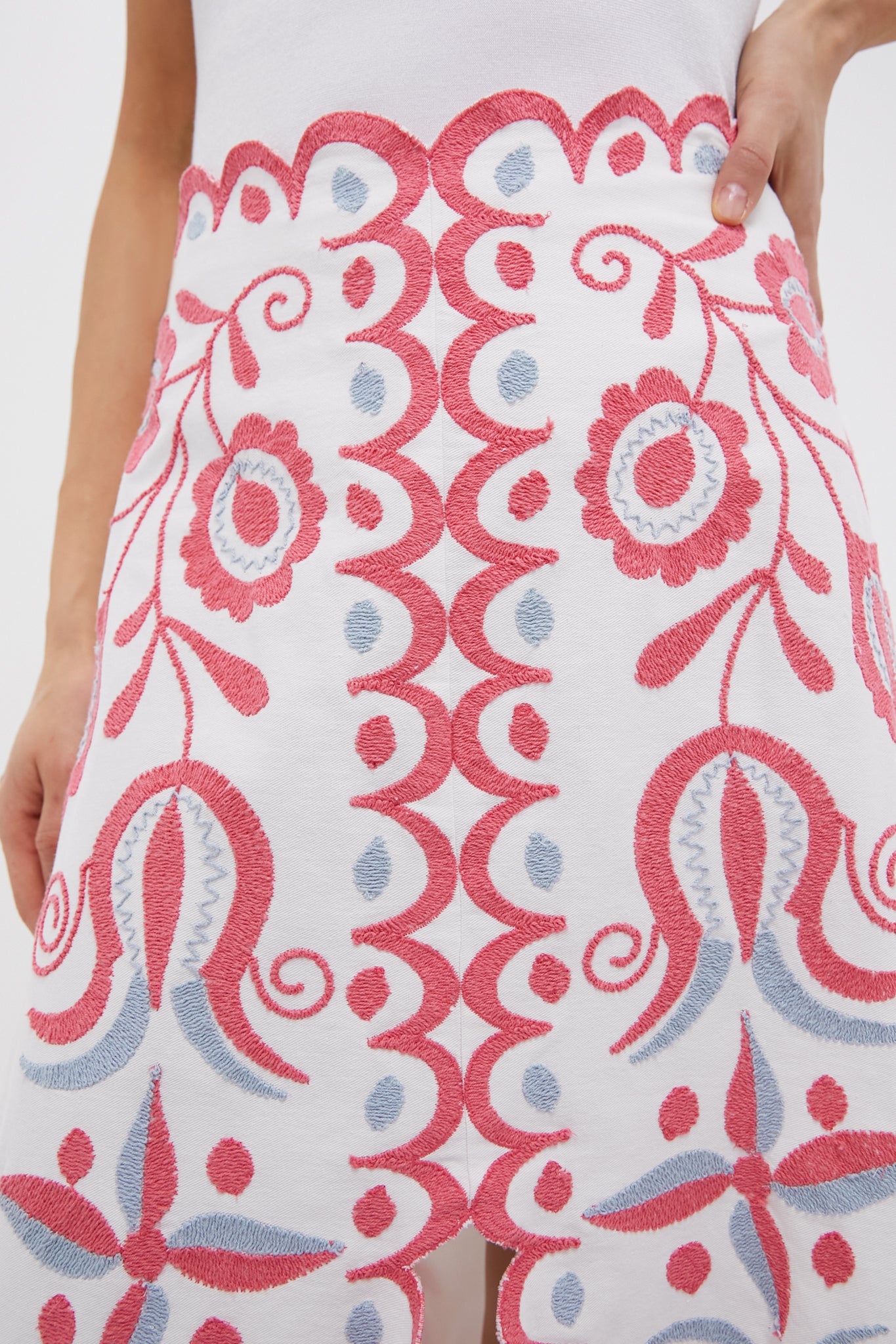 Multi Eevi Embroidered Twill Midi Skirt