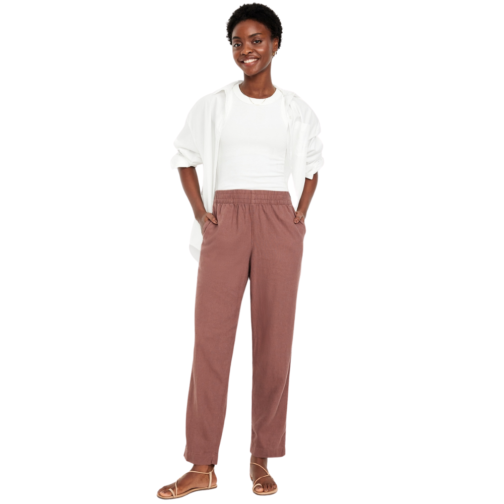 High Waisted Linen Blend Straight Ankle Pants