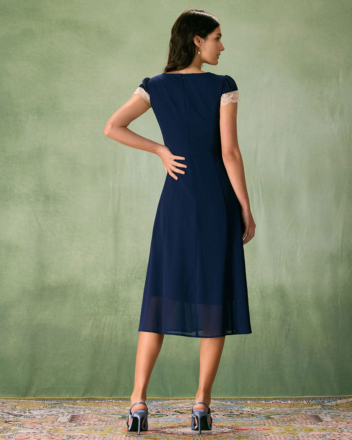The Navy V-Neck Lace Trim Midi Dress