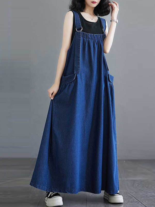 A-Line Loose Pleated Pockets Split-Joint Spaghetti-Neck Maxi Dresses Suspender Dress