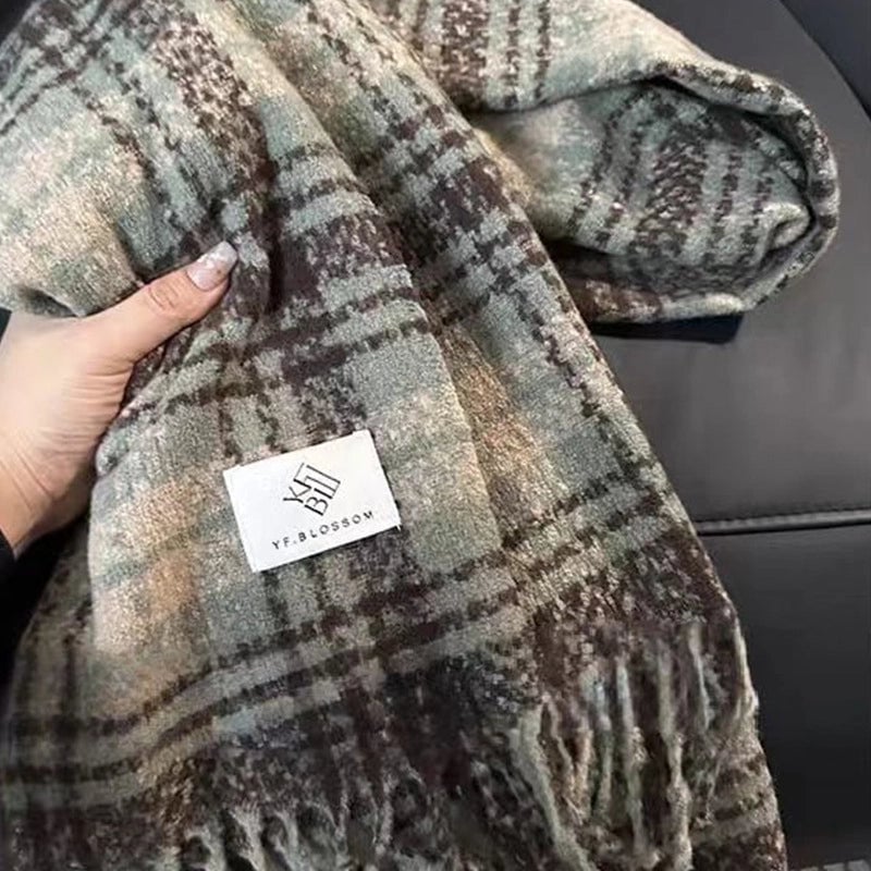 New Plaid Autumn And Winter White Scarf Women's  Atmosphere Warm Soft Tassel Shawl Scarf