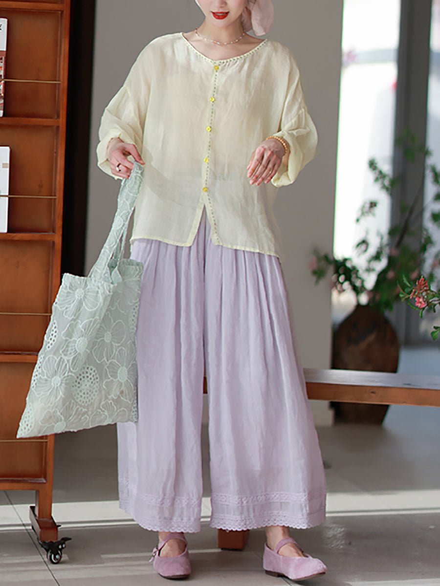 Women Summer Artsy Pure Color O-Neck 100%Ramie Shirt