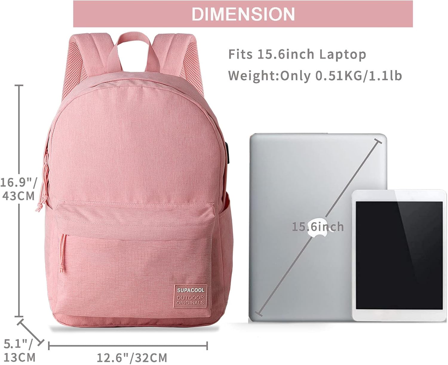 SUPACOOL Casual Laptop Backpack for Men and Women, School Backpack for Boys and Girls, College Bookbag, USB Charging Port, Lightweight Back Pack(Black)