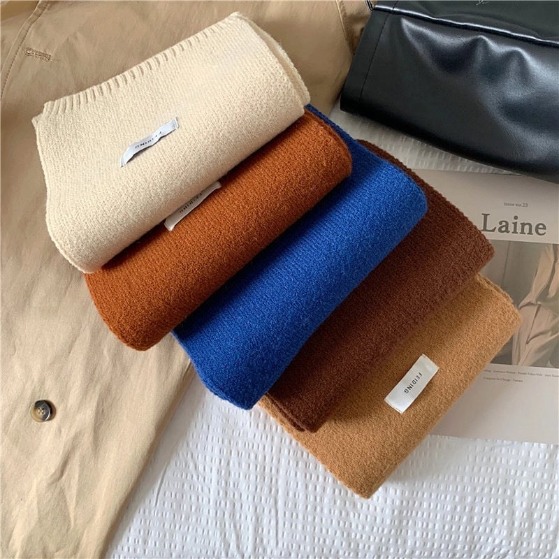 Warm Solid Color Scarf Women's Autumn And Winter Solid Color Patch Fashionable Student's New Knitted Small Scarf
