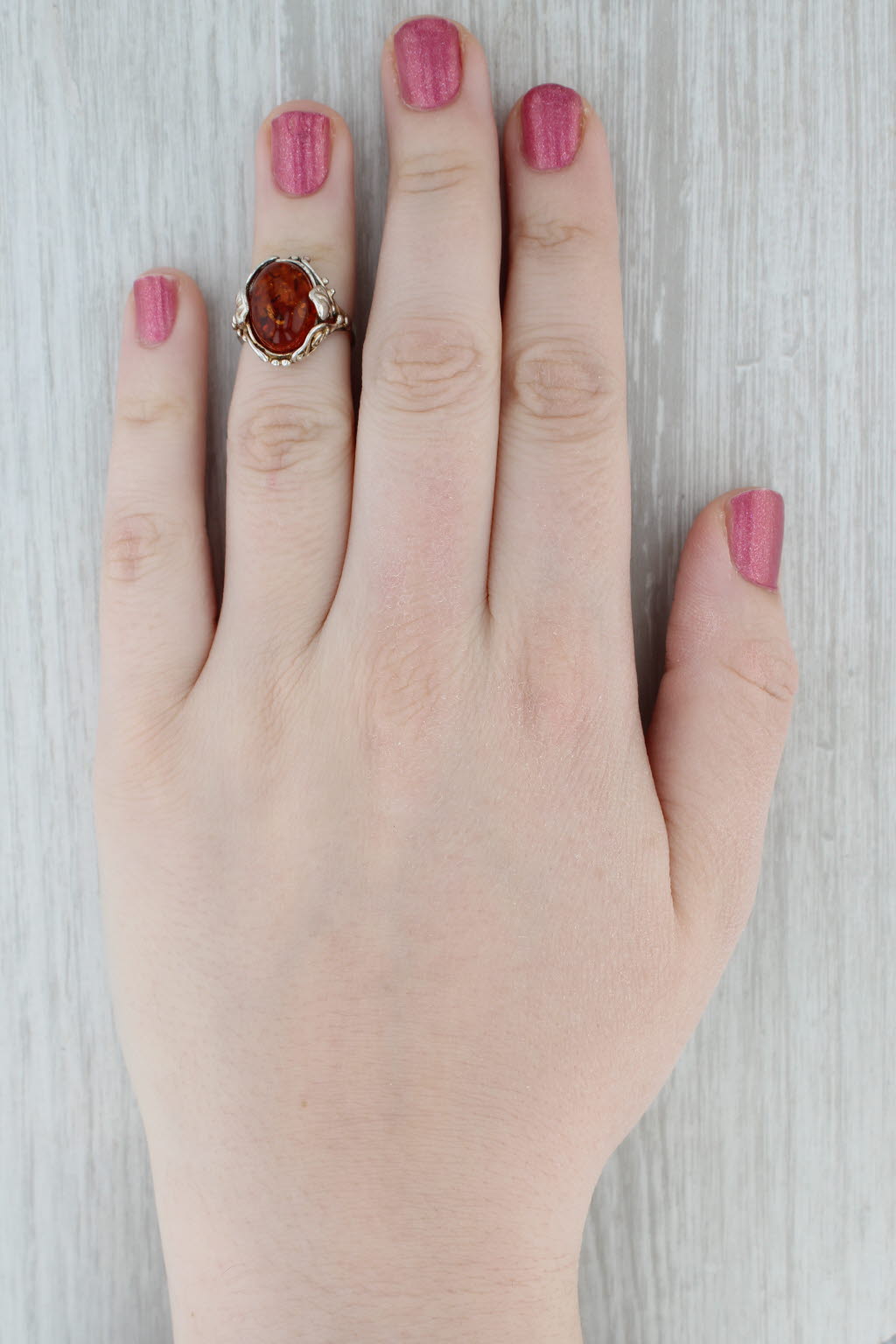 Amber Oval Cabochon Ring Sterling Silver Floral Size 4.75