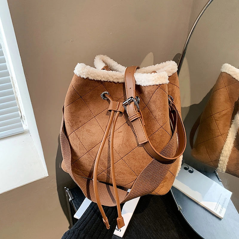 Women's Pu Leather Suede Solid Color Classic Style Streetwear Bucket String Crossbody Bag
