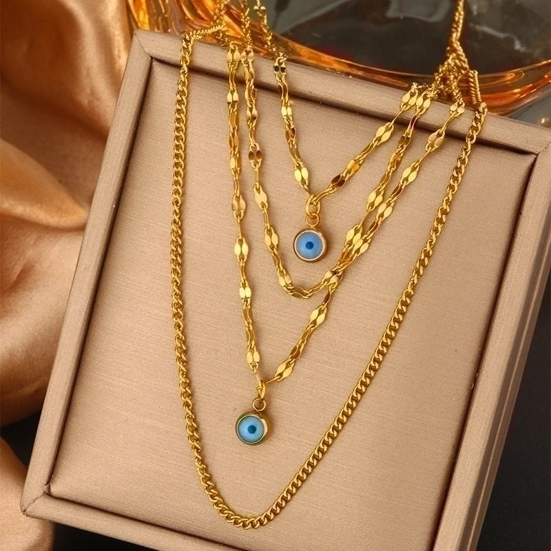 Vintage Style Commute Devil's Eye Heart Shape Lock 304 Stainless Steel Turquoise Rhinestones Pearl 18K Gold Plated Plating Inlay Layered Necklaces