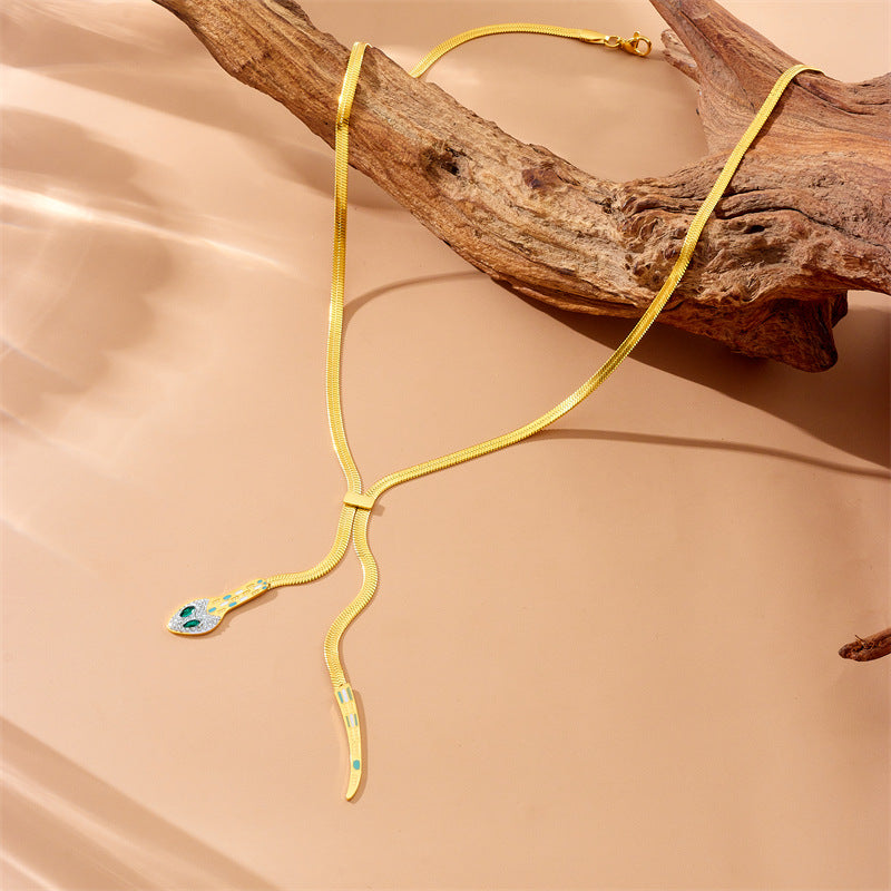 Full Diamond Snake Head Snake Tail Snake Bone Chain Heavy Stainless Steel Gold-Plated Chain Women'S Necklace