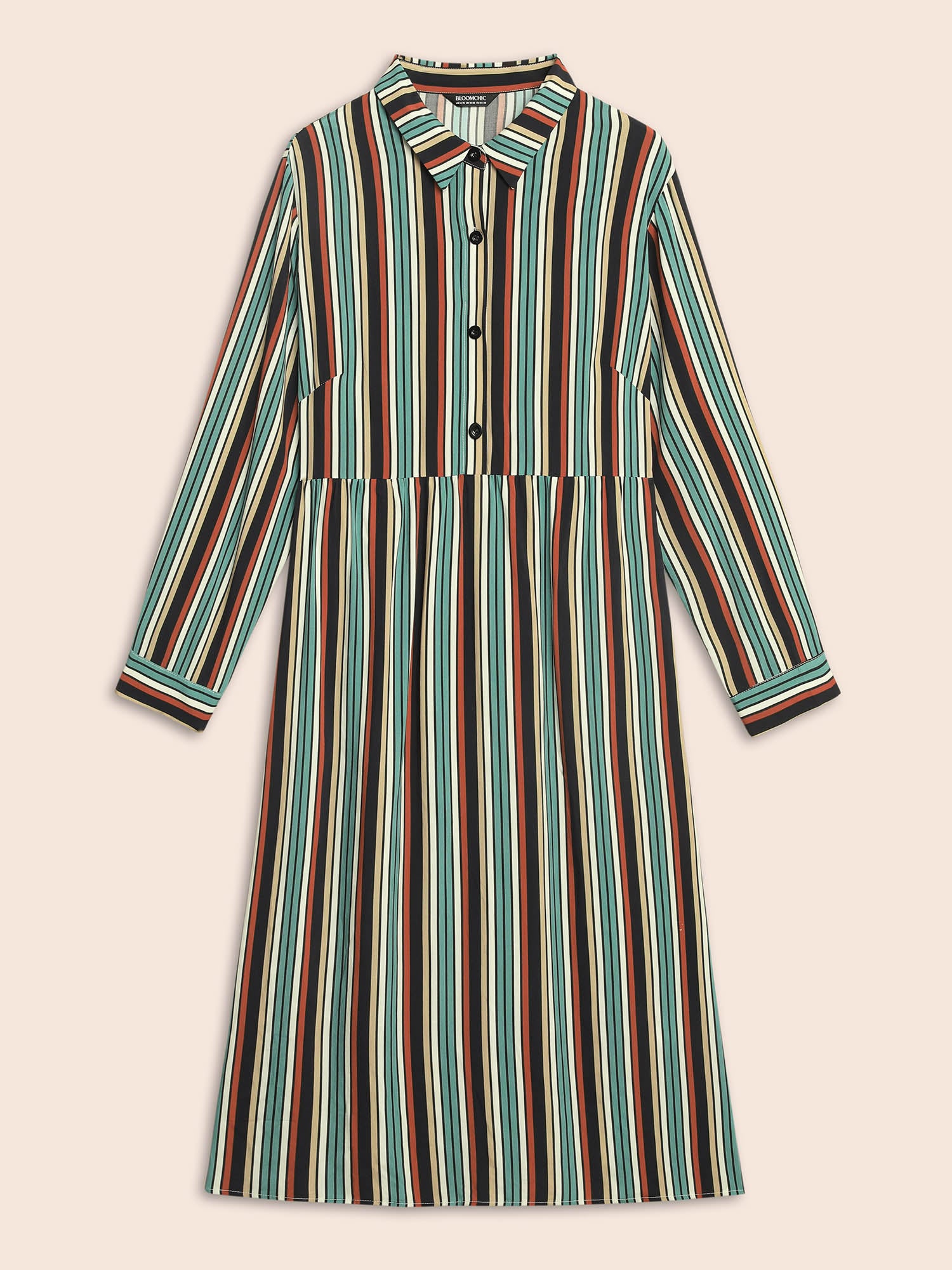 Shirt Collar Contrast Striped Midi Dress