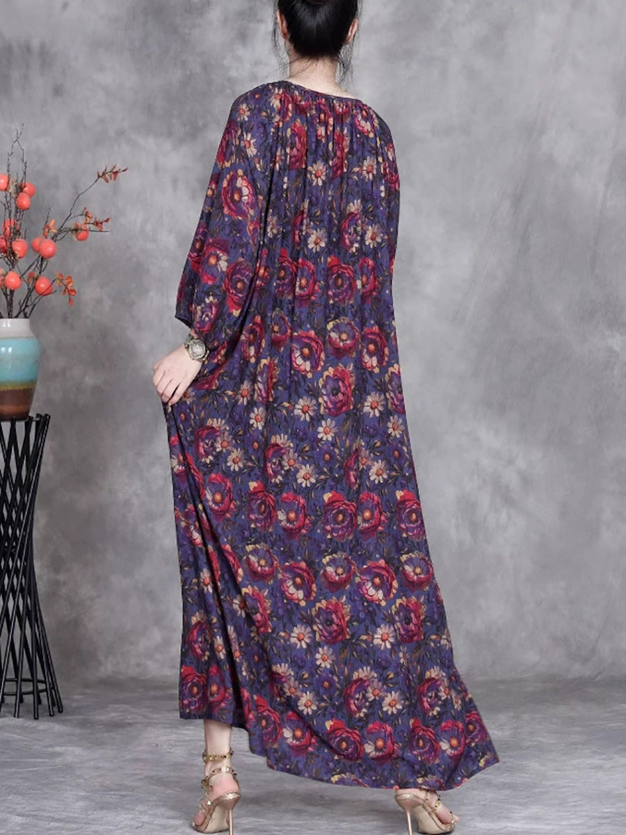 Women Summer Artsy Flower O-Neck Maxi Dress