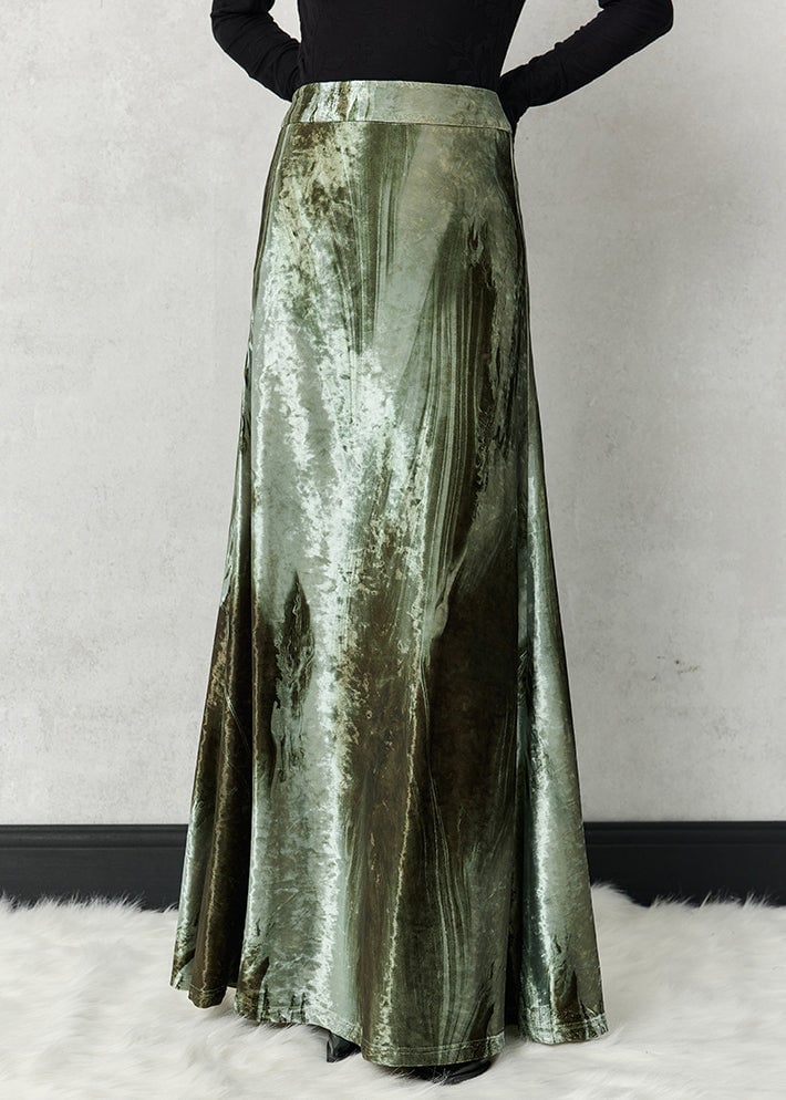 Green Original Design Silk Velvet Spring Skirts High Waist