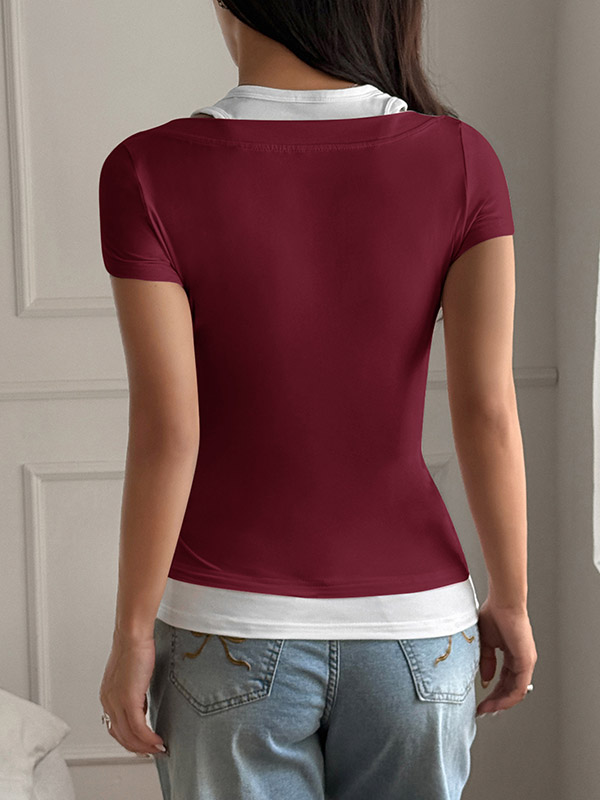 False Two Short Sleeves Buttoned Contrast Color Halter-Neck T-Shirts Tops