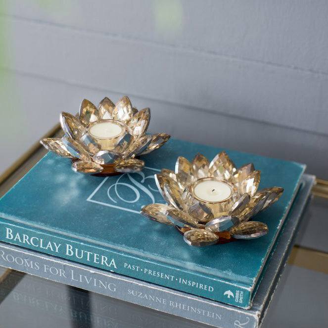 Lotus Crystal Tealight Holder. Set of 2 - Soft Gold