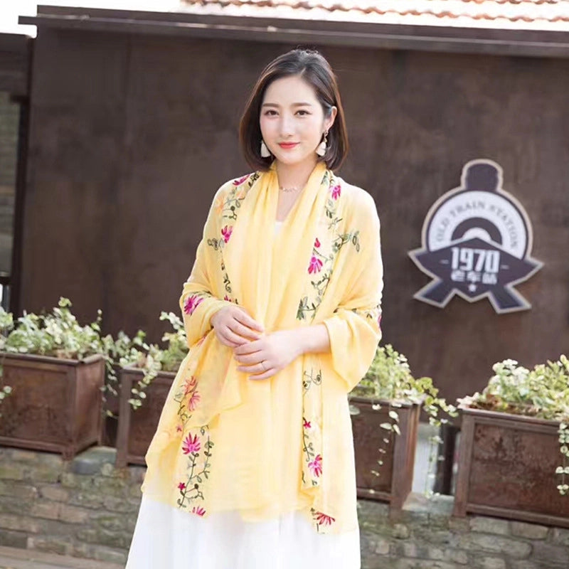 Women's Classic Style Flower Cotton And Linen Embroidery Scarf