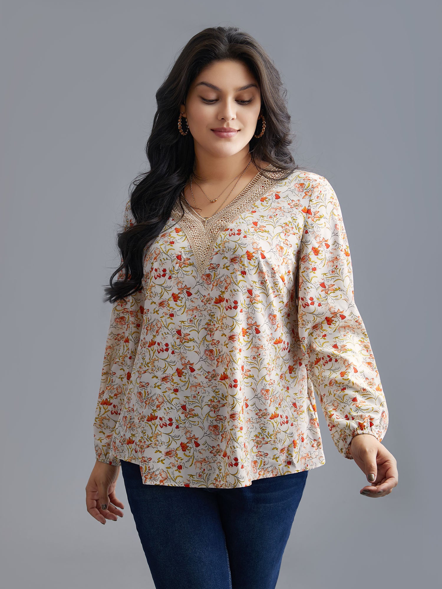 V Neck Ditsy Floral Contrast Webbing Blouse