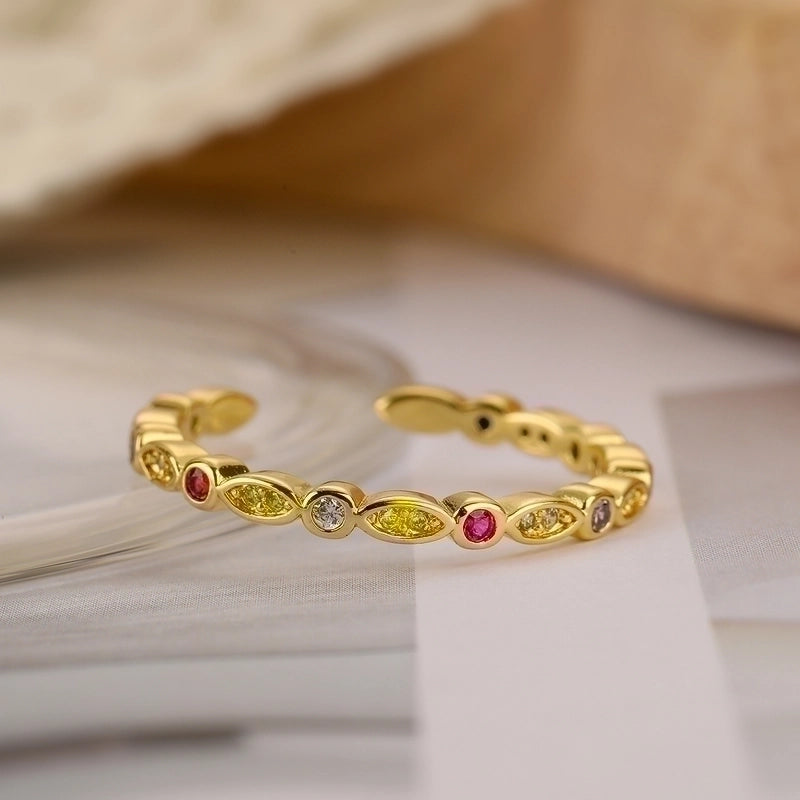 Minimalist Leaves Copper Plating Inlay Zircon 18k Gold Plated Open Rings
