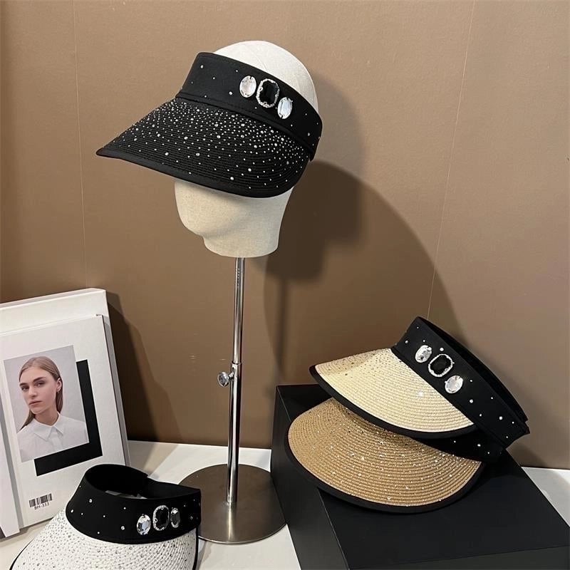 Women's Basic Solid Color Rhinestone Wide Eaves Sun Hat