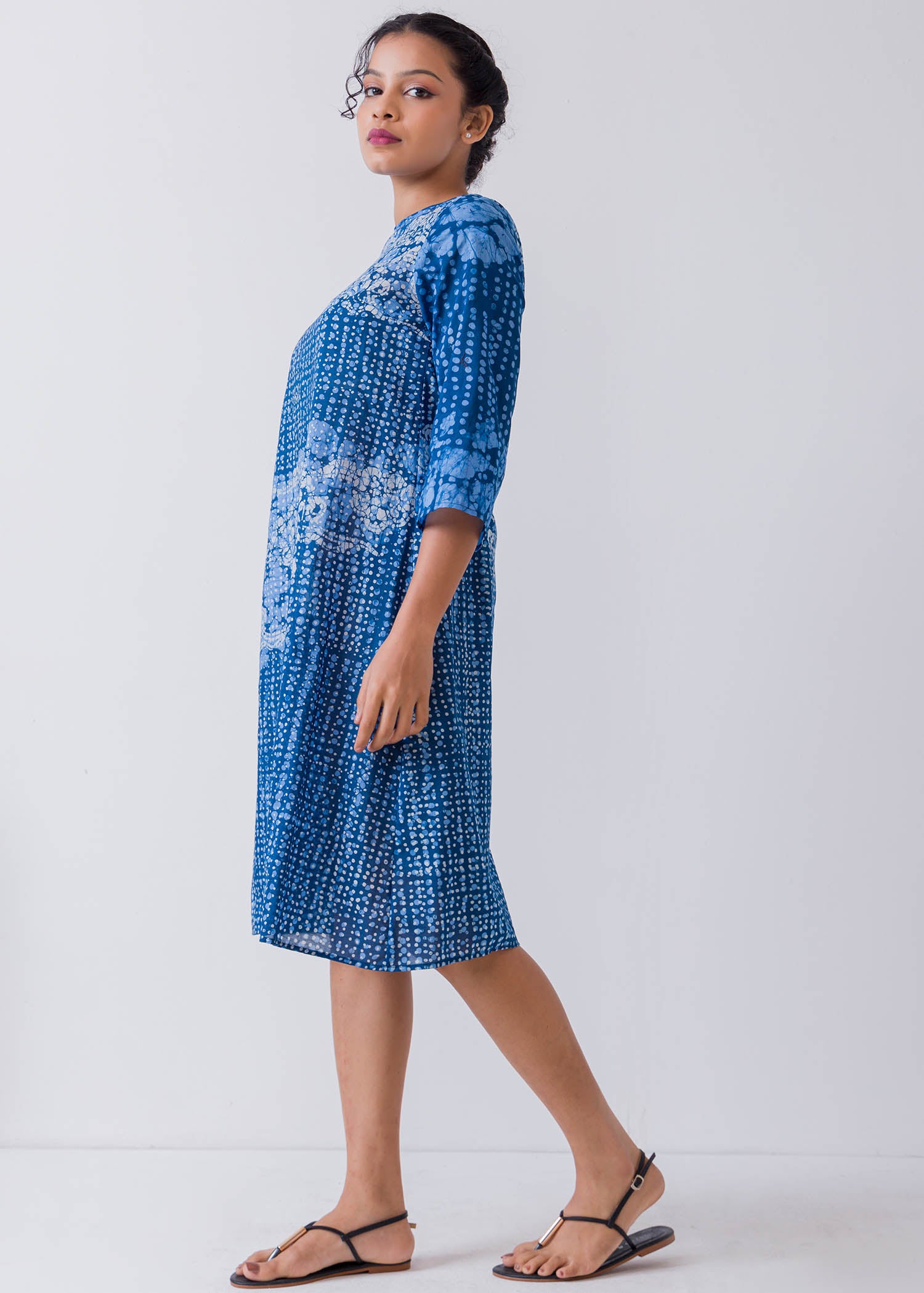 White And Blue Cloud Printed Batik Casual Dress