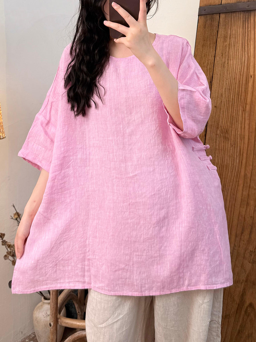 Women Summer Vintage Pure Color O-Neck Hemp Shirt
