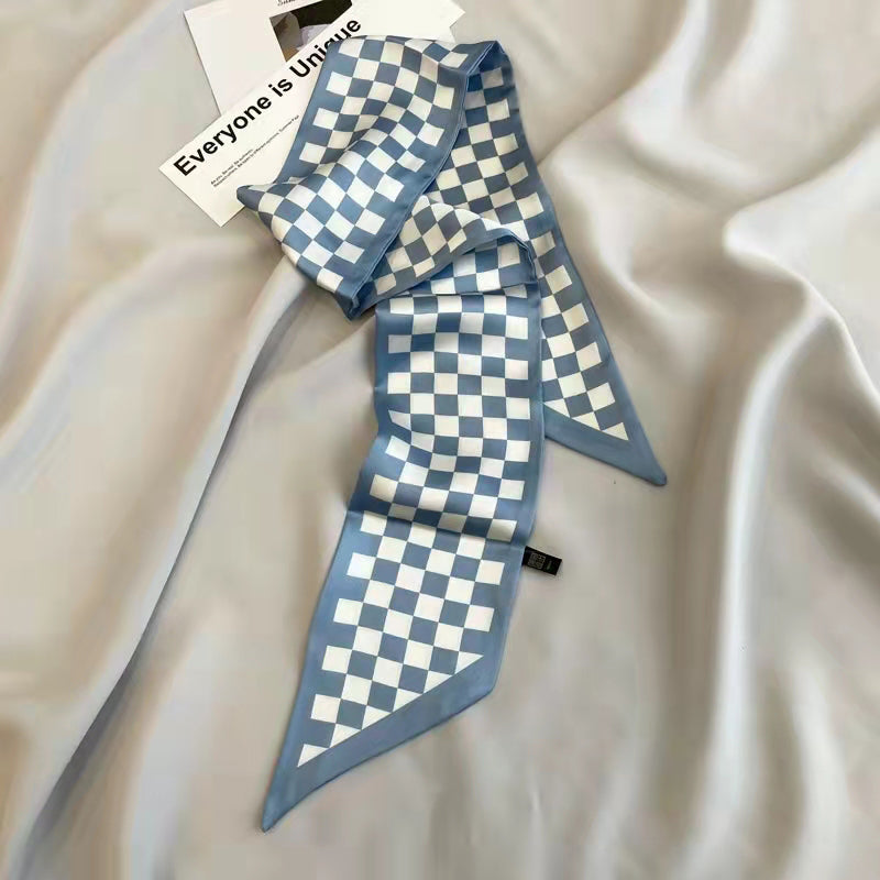 Checkered Silk Like Skinny Scarf